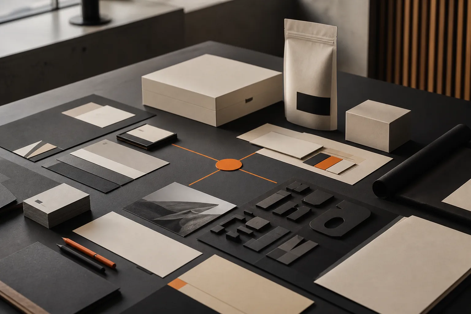 A complete visual identity system arranged on a studio table
